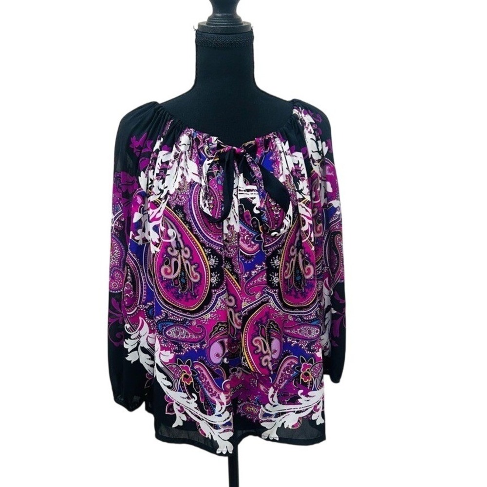 Paisley‎ Peasant Blouse Womens Purple Black EUC Boho Tie Neck Top